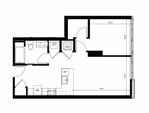 Floor plan for 1 bed, 1 bath, 715 sqft